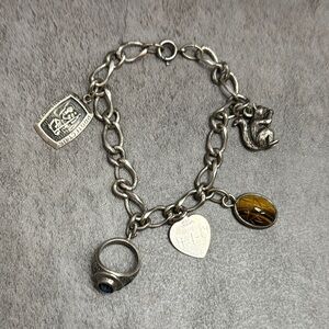 Silver Tone Charm Bracelet with Brown Tiger's Eye and Heart Charm